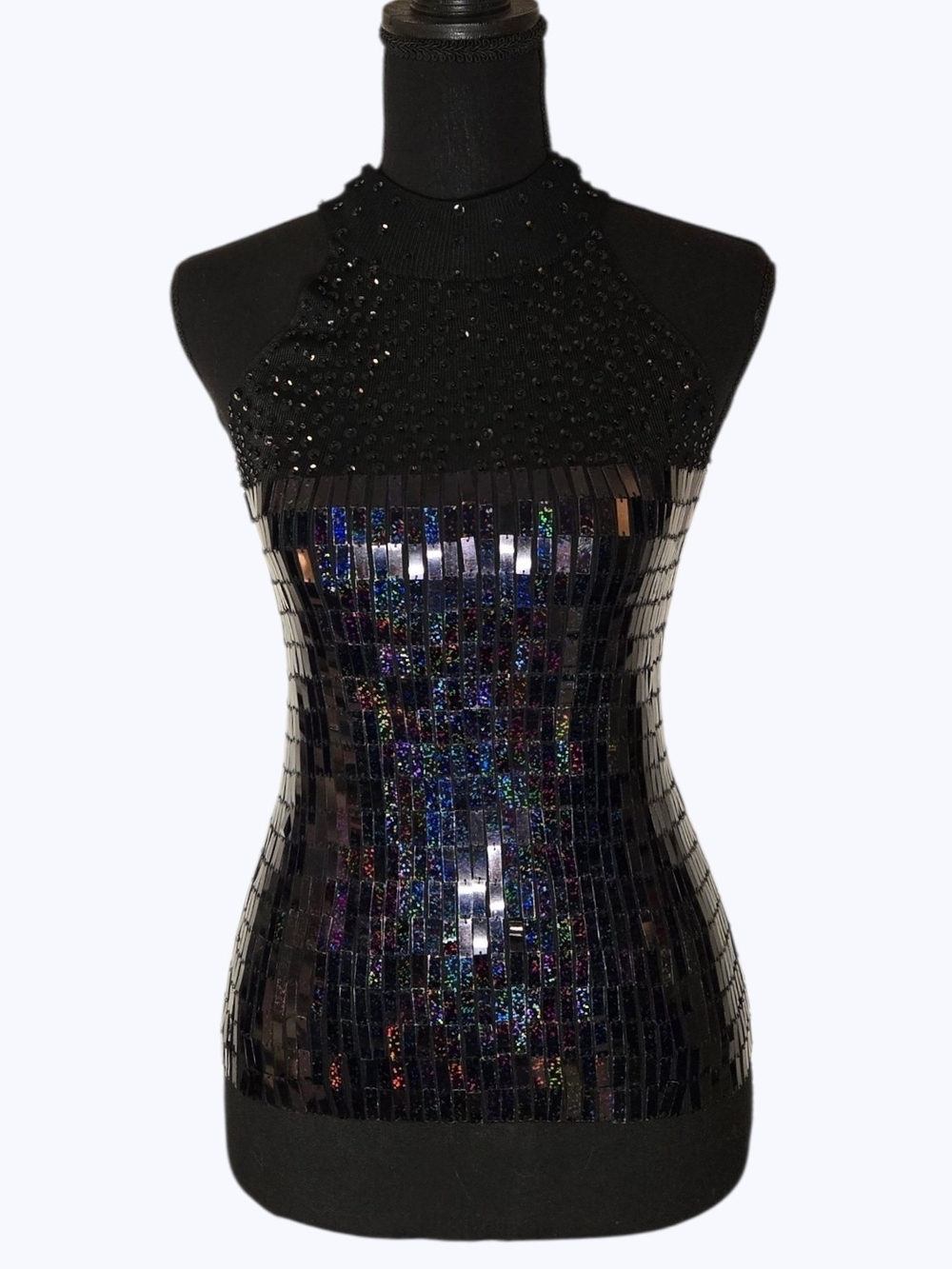 Vintage Y2k Black Sequin High Neck Tank Top!